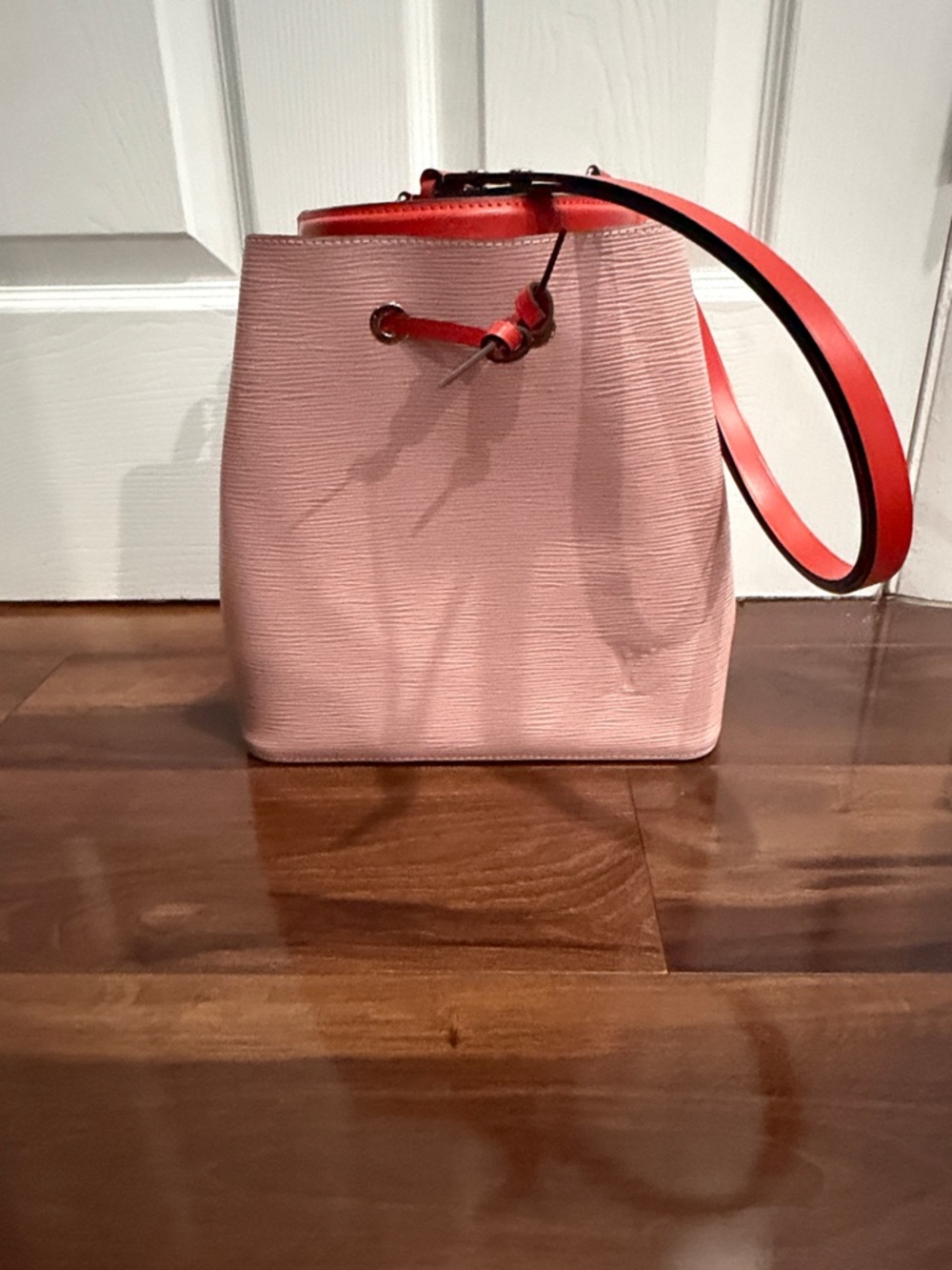 LV Soft Pink Bucket Shoulder Bag with Coral Strap